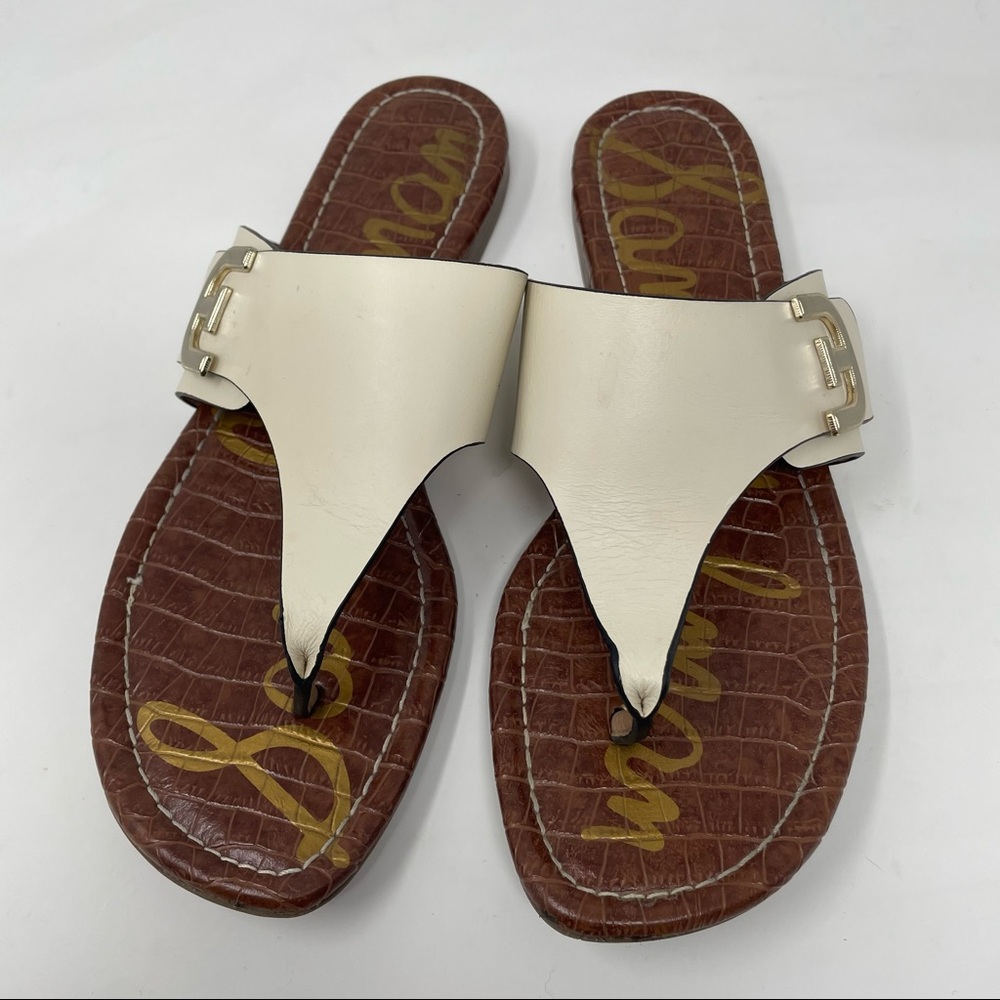 Sam Edelman Cream and Brown Leather Slide Sandal with Gold Logo